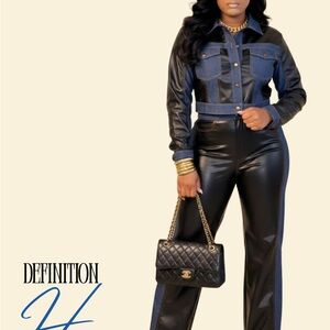 Black and Blue Leather Jacket and Pants Set